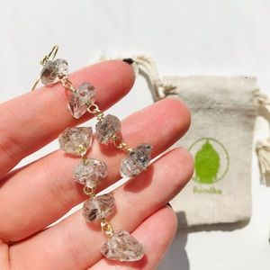 Herkimer Diamond Salt & Pepper Crystal Stone Gold Dangle Hook Earrings